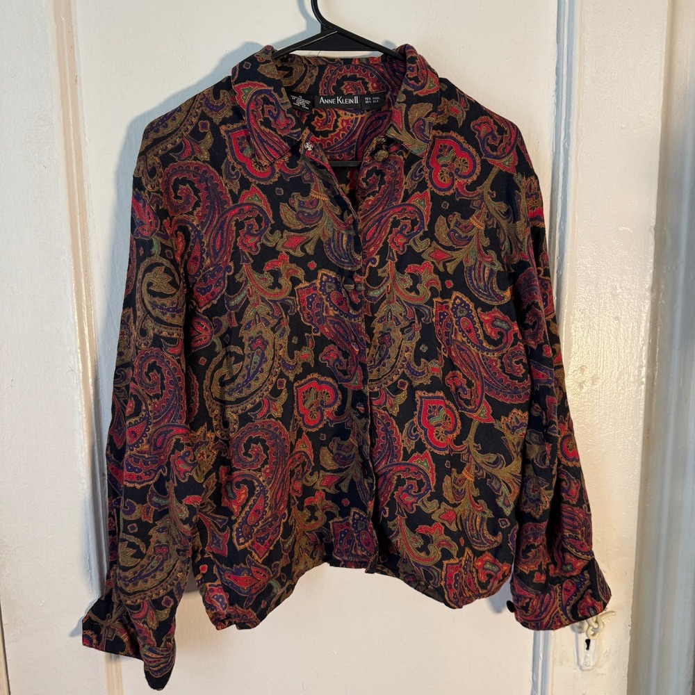 Boho Anne Klein Vtg Wool Silk Paisley Button Blouse 6P Dark Fairy witchy goth
